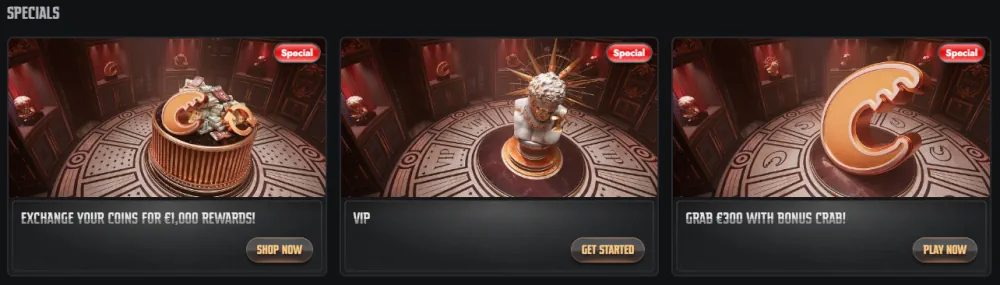 Sezione speciali Gransino con status VIP e premi Bonus Granchio.